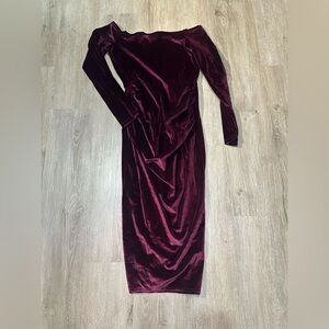 Boohoo Burgundy Velvet Off Shoulder Maternity Dress US 4
